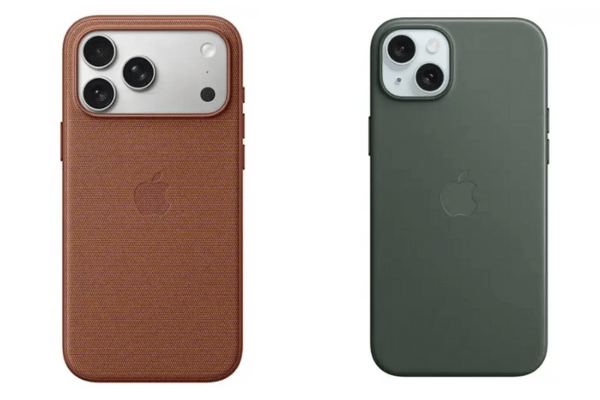 casing TechWoven pada iPhone 17 Pro Max (kiri) dan casing FineWoven pada iPhone 15 Plus (kanan)