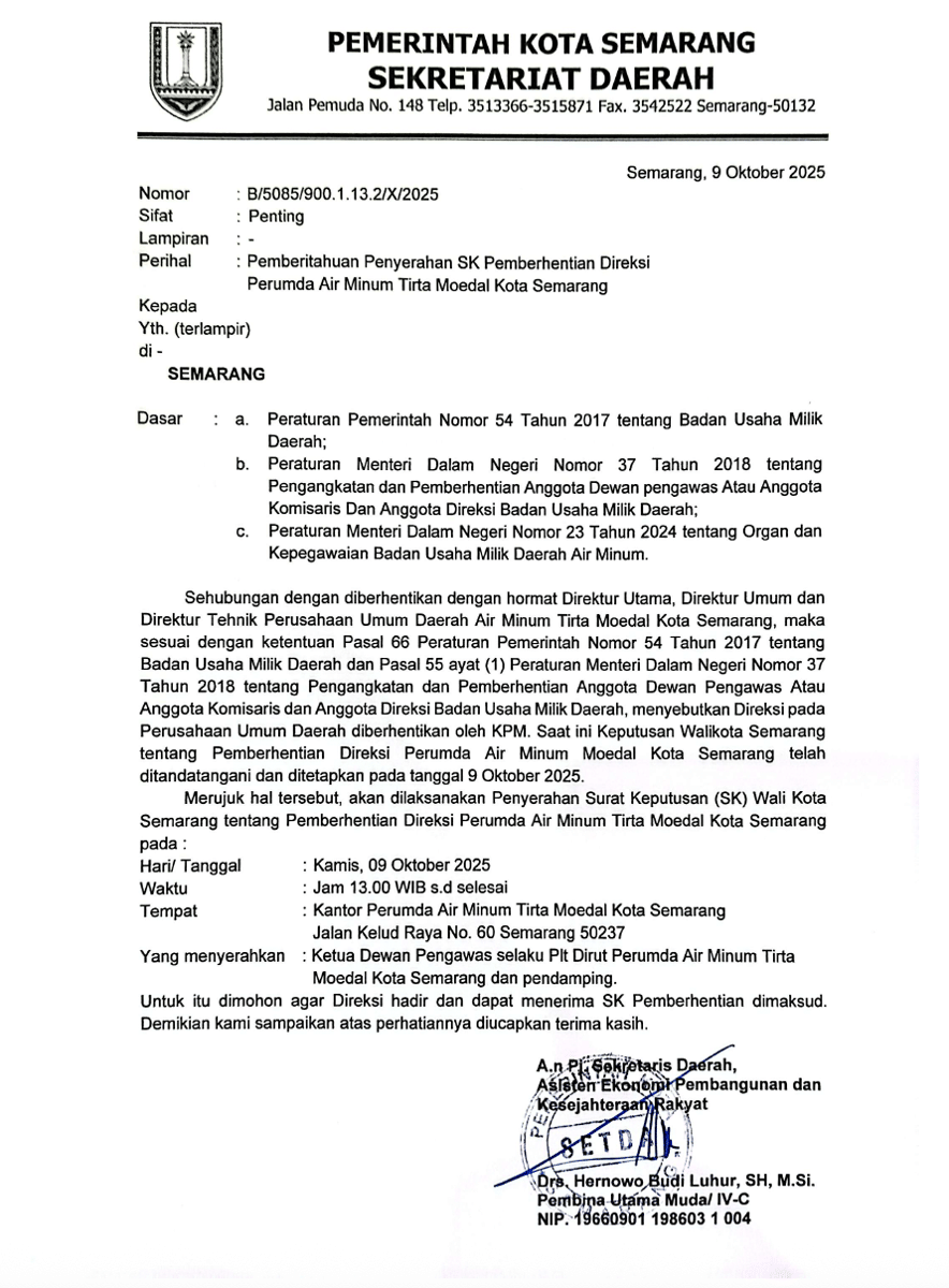Surat Keputusan Pemberhentian Direksi PDAM Kota Semarang. (dok. pribadi kuasa hukum)