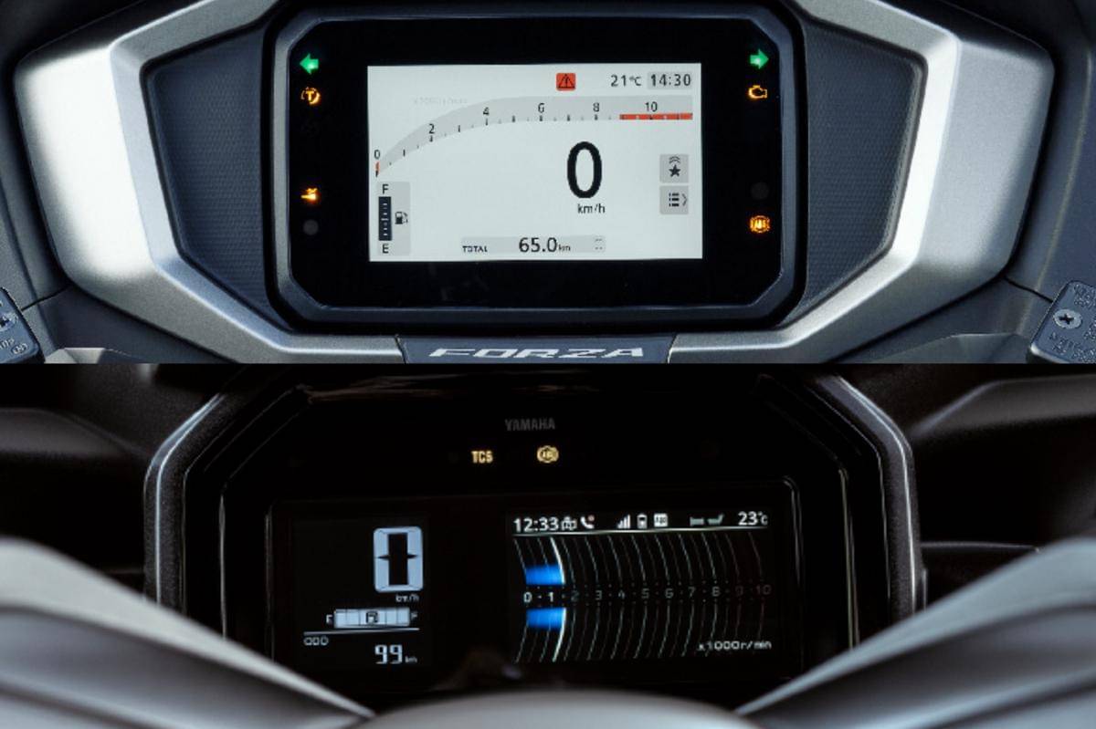 speedometer Honda Forza 250(atas) (astra-honda.com) | speedometer Yamaha XMAX 250(bawah) (yamaha-motor.co.id)