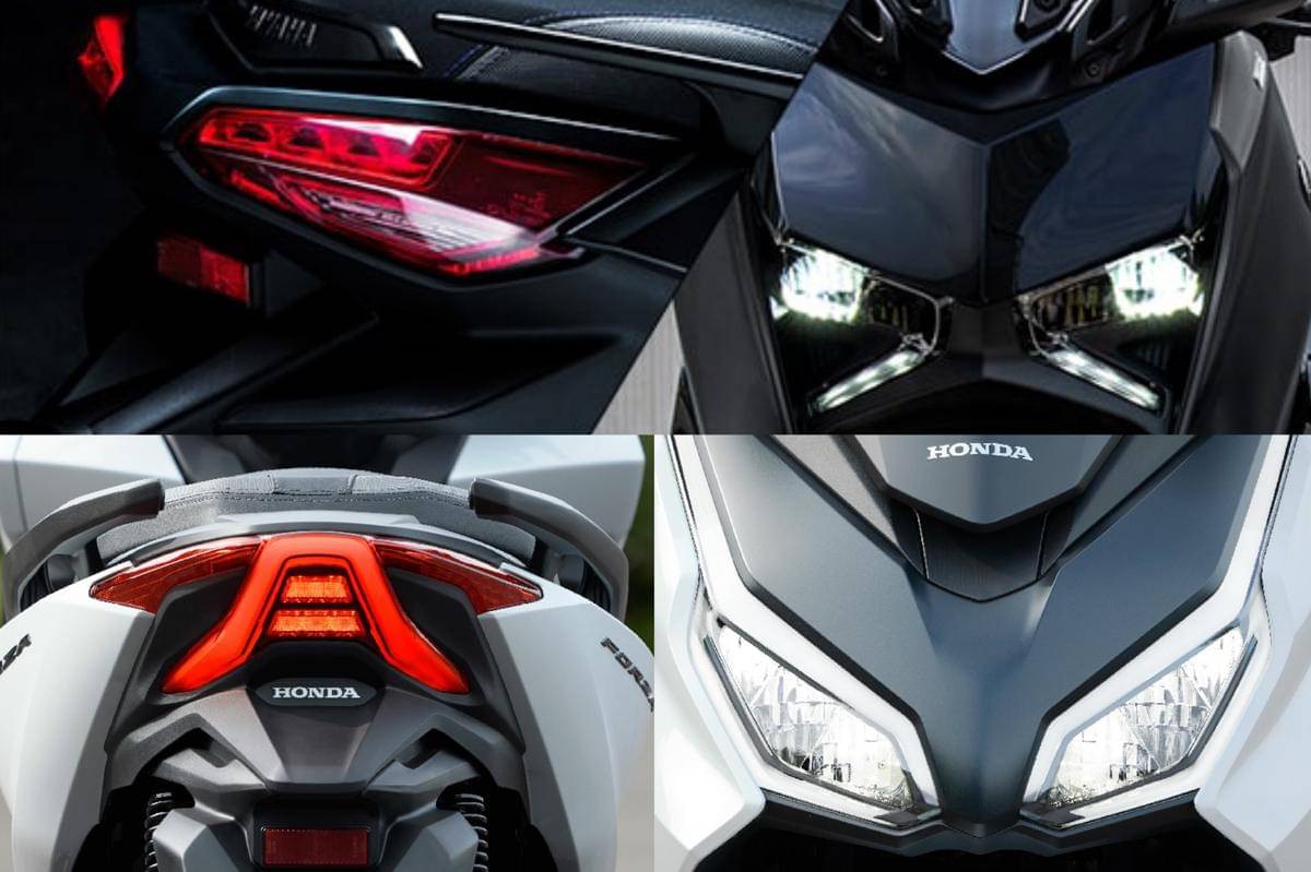 desain lampu Yamaha XMAX 250(atas) (yamaha-motor.co.id) | desain lampu Honda Forza 250(bawah) (astra-honda.com)