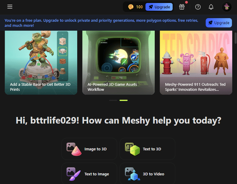 tampilan website Meshy AI