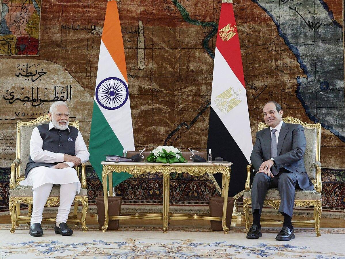 Pertemuan PM India dengan Presiden Mesir, Abdel Fattah El-Sisi, di Rumah Presiden (Kairo), di Mesir pada tanggal 25 Juni 2023. (Prime Minister's Office (GODL-India), GODL-India, via Wikimedia Commons)