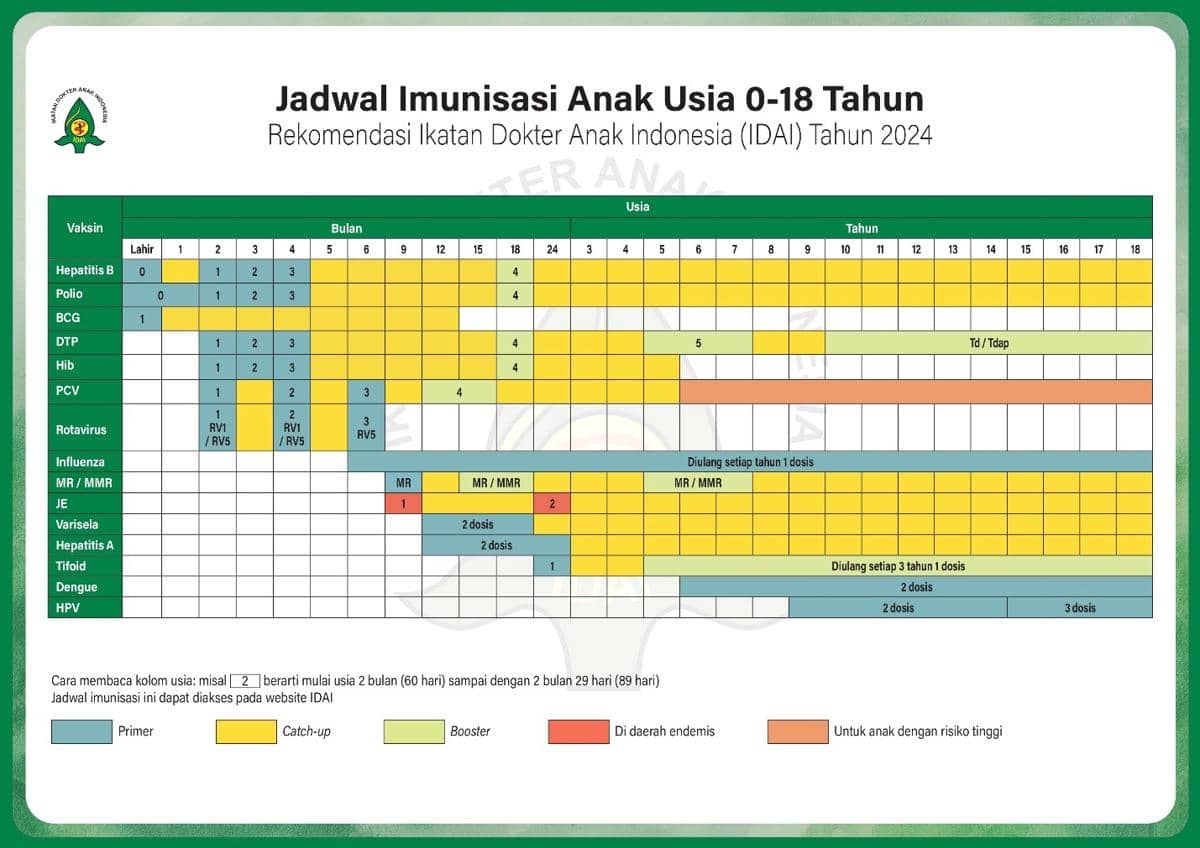Jadwal Imunisasi Anak Usia 0-18 Tahun