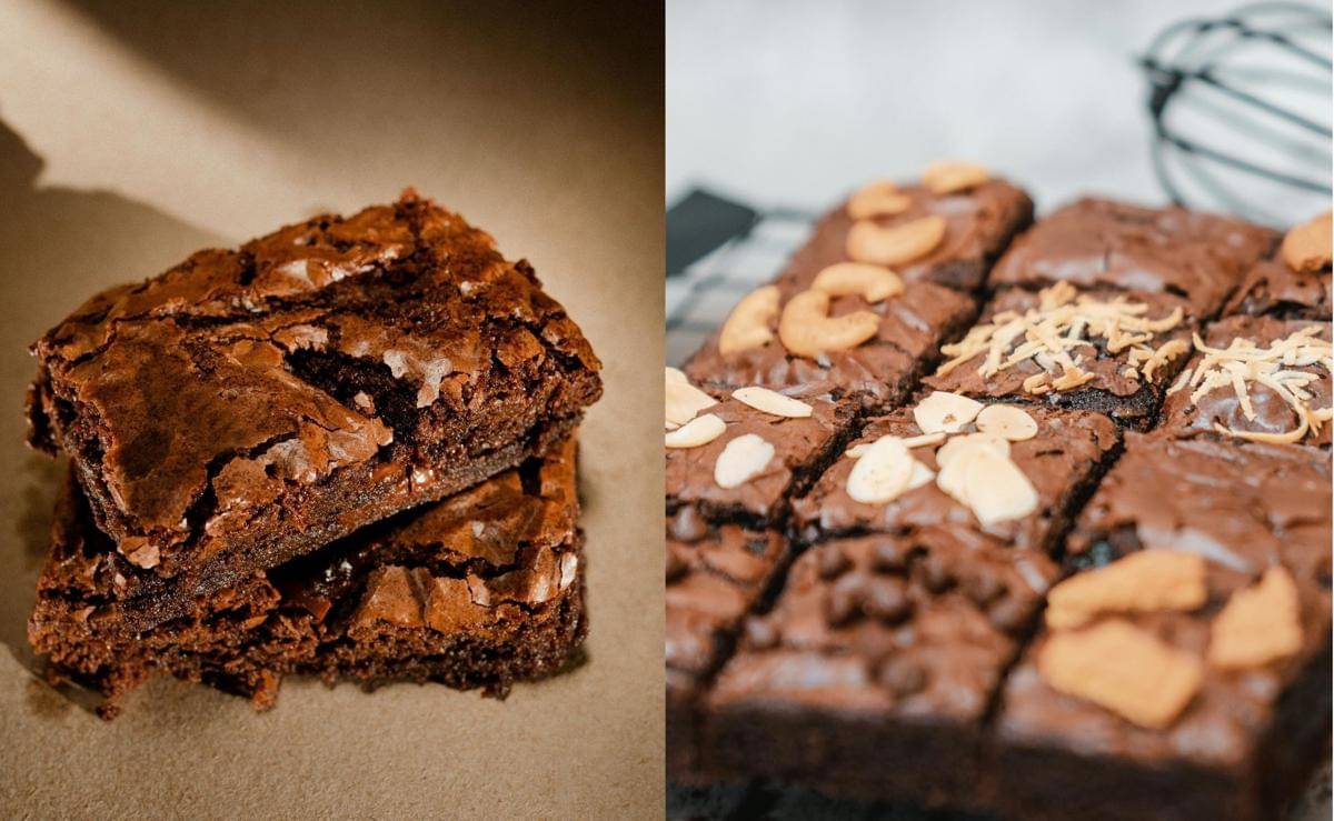 Potret fudgy brownies dan brownies panggang 