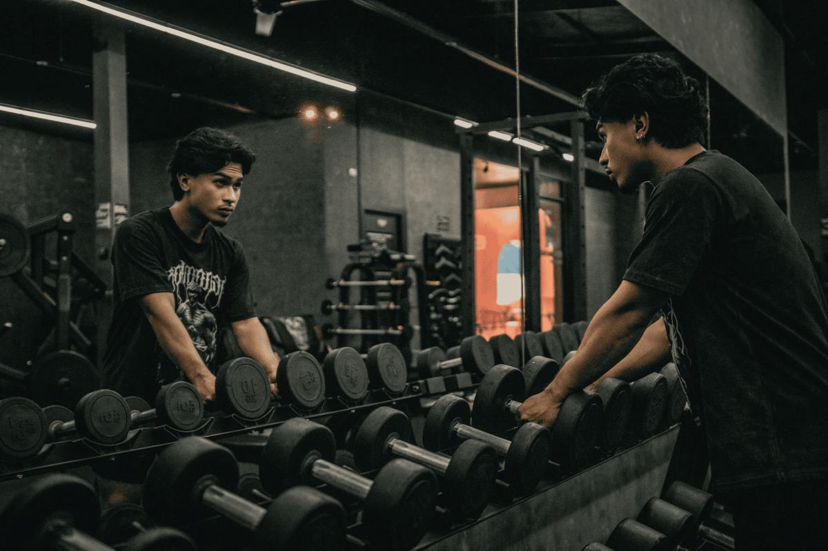 ilustrasi pria melakukan gym di malam hari