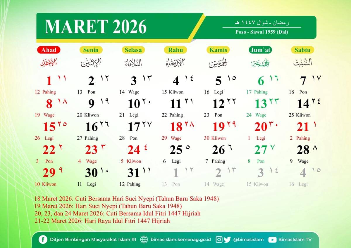 Kalender 2026 bulan Maret