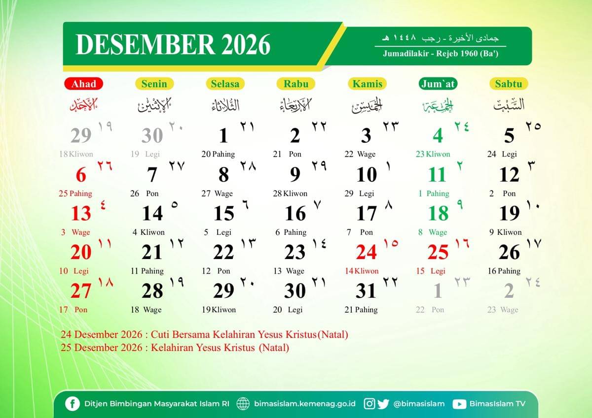 Kalender 2026 bulan Desember