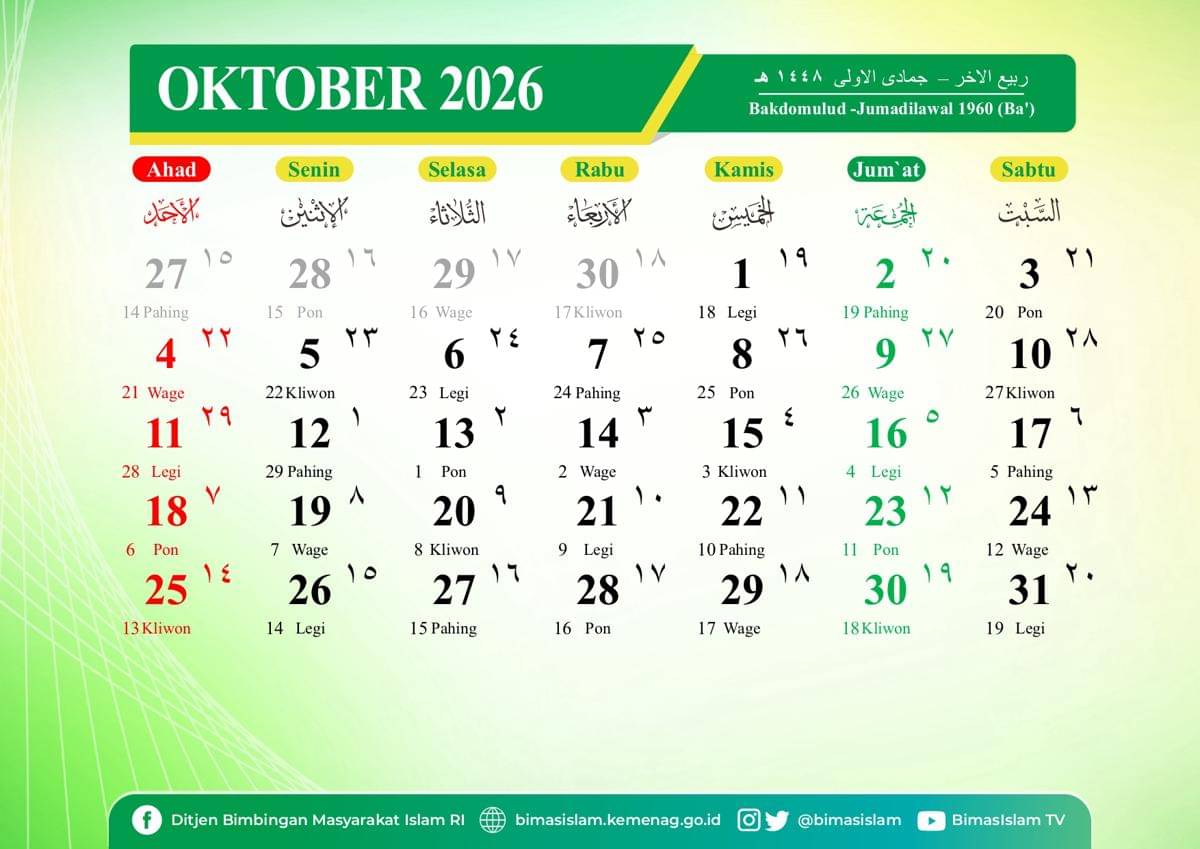 Kalender 2026 bulan Oktober