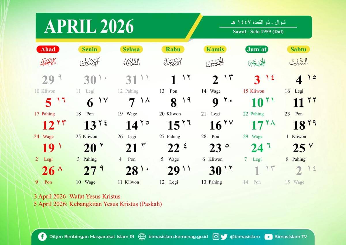 Kalender 2026 bulan April 