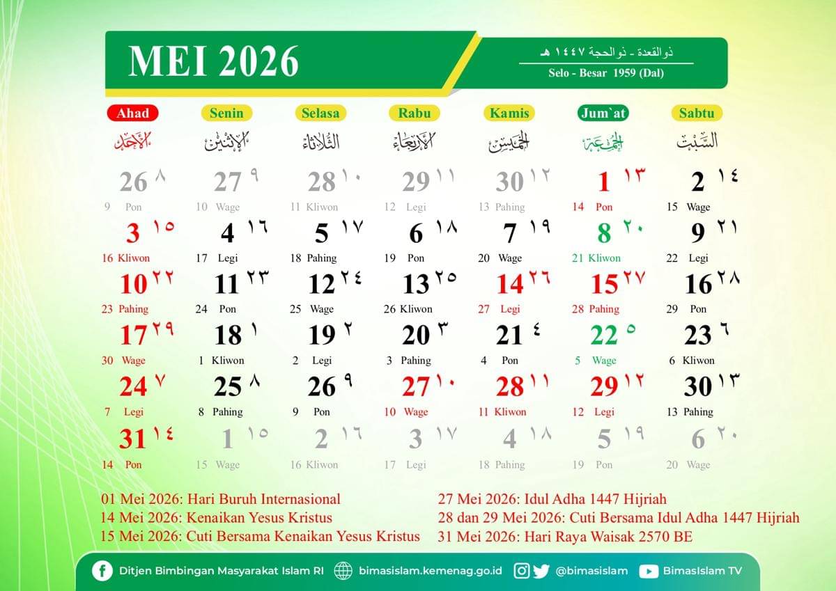 Kalender 2026 bulan Mei