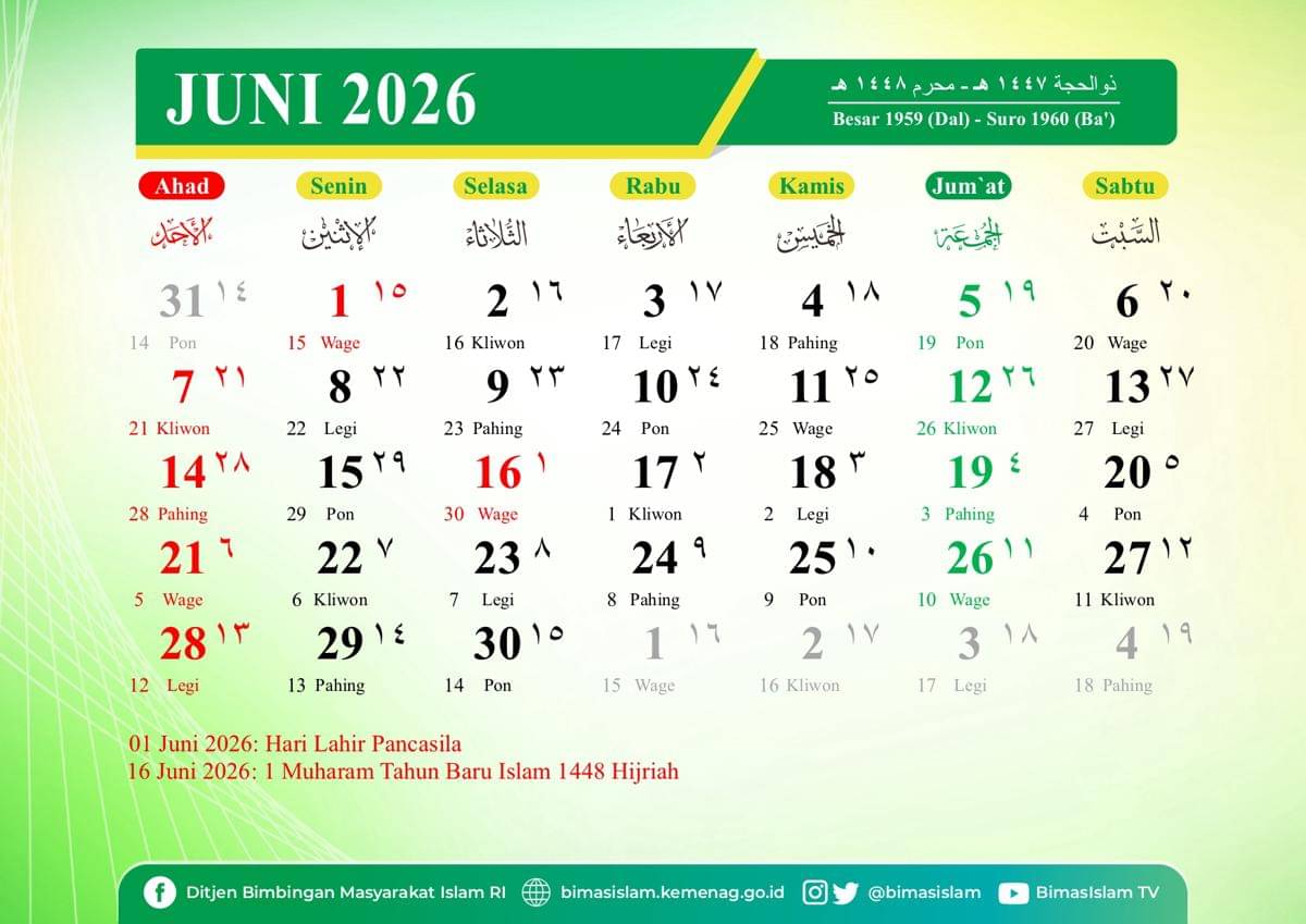  Kalender 2026 bulan Juni
