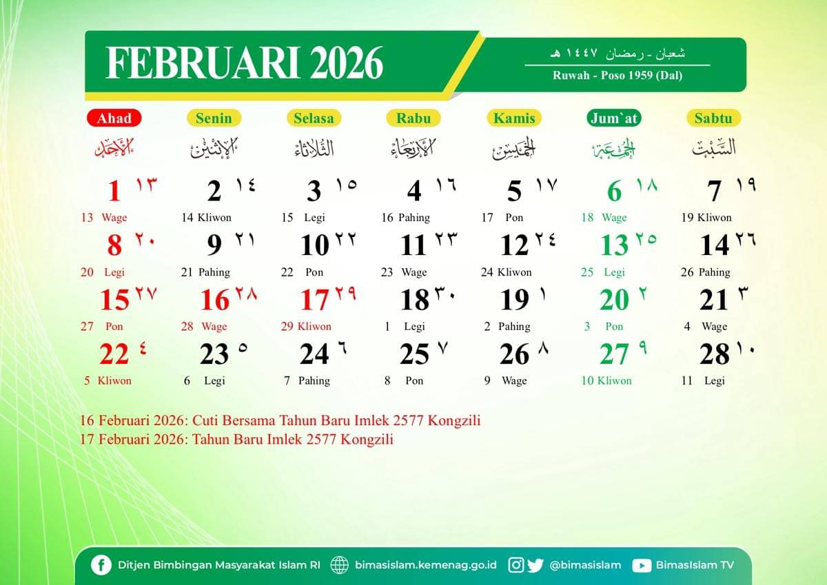 Kalender 2026 bulan Februari