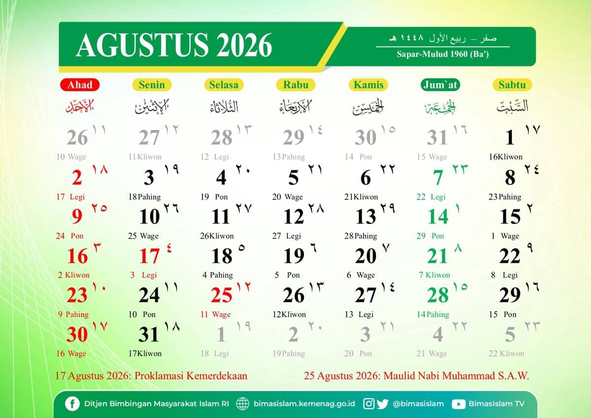 Kalender 2026 bulan Agustus