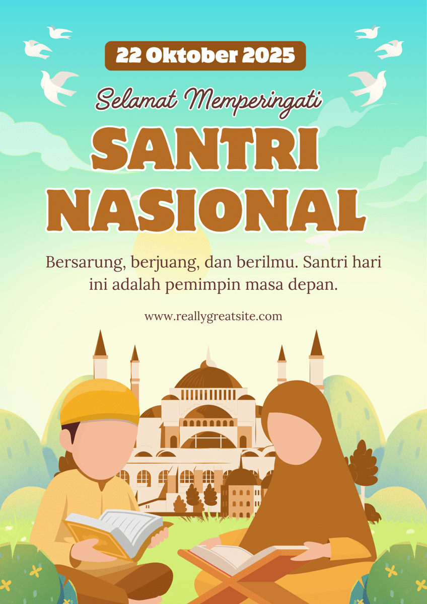 Cokelat Krem dan Biru Muda Ilustrasi Ucapan Hari Santri Nasional Poster
