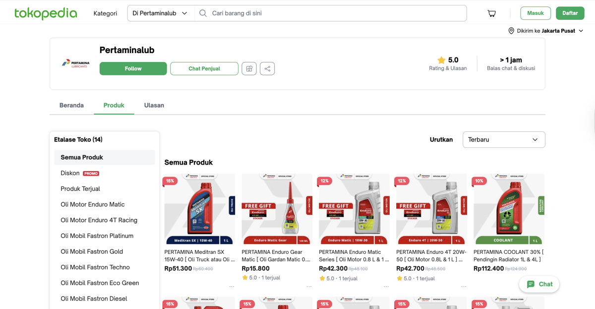 Tampilan laman resmi toko daring Pertamina Lubricants di Tokopedia dengan nama Pertaminalub.png