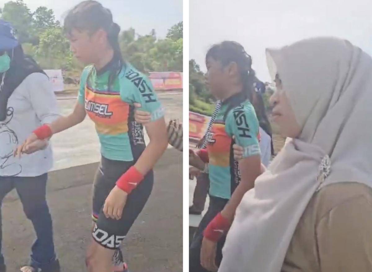 Atlet sepatu roda terjatuh dan cidera saat uji coba di venue. (Dok. Potongan video)