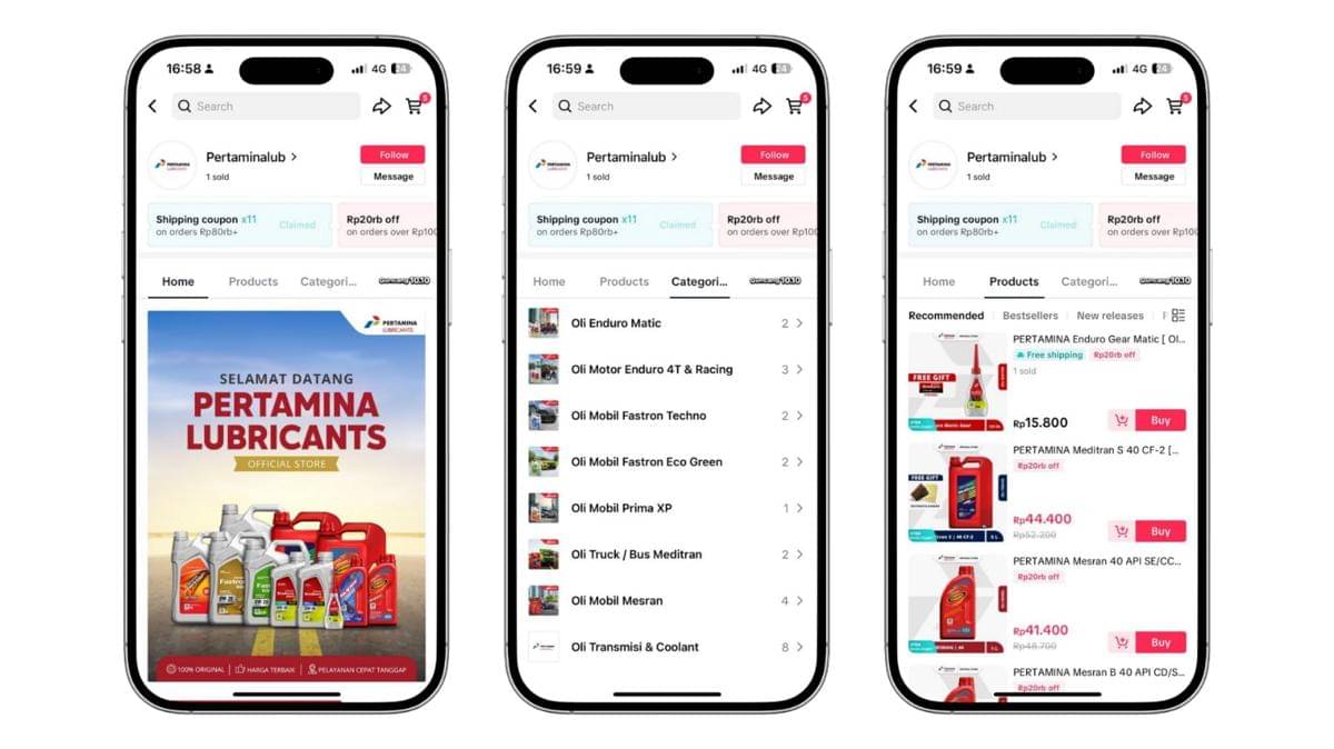 Tampilan laman resmi toko daring Pertamina Lubricants dengan nama Pertaminalub di TikTok Shop.jpeg