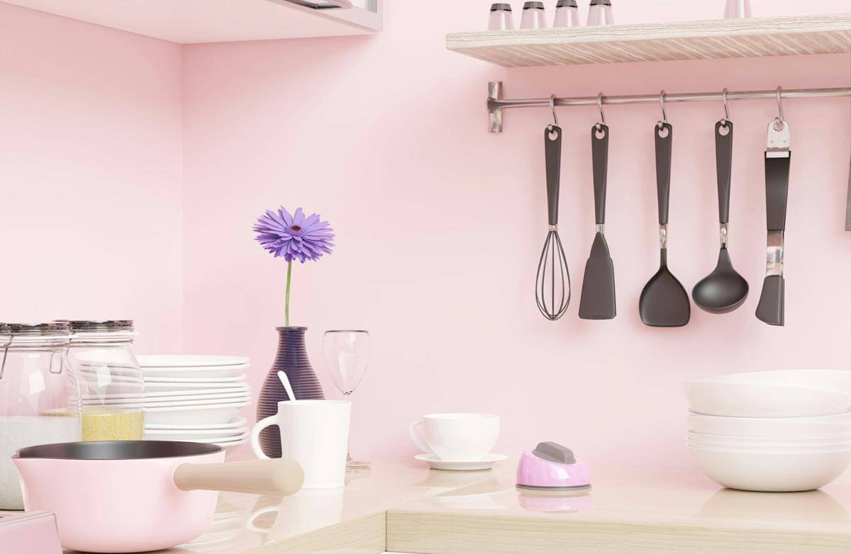 ilustrasi interior dapur dengan warna pink