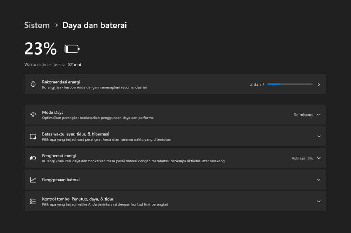 Pengaturan daya dan baterai