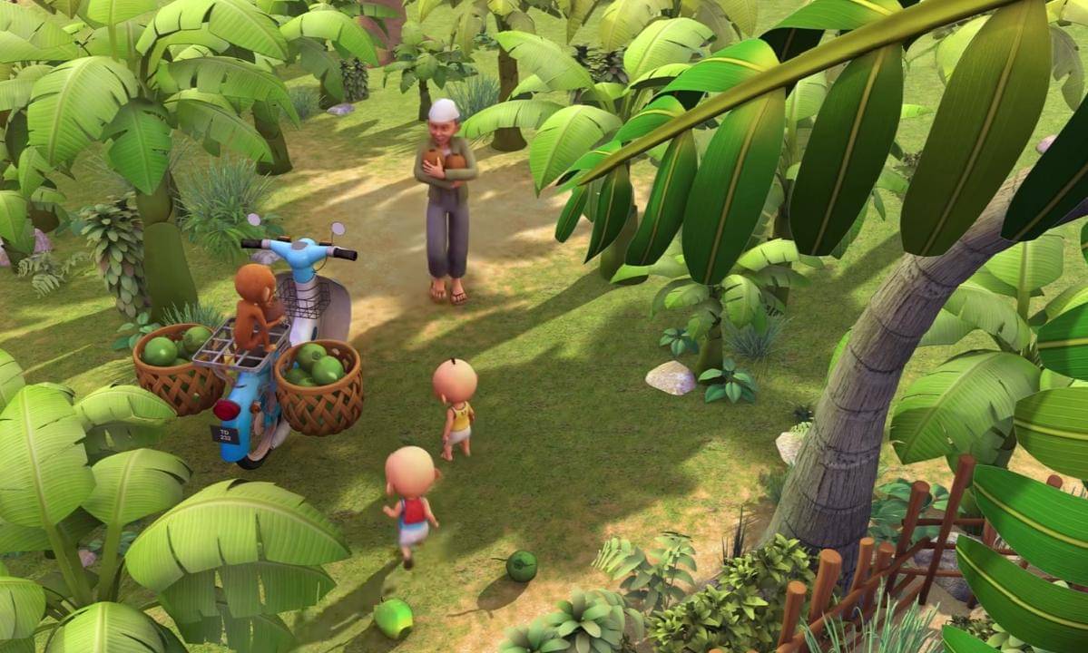 Tok Dalang beserta Upin dan Ipin memanen buah kelapa