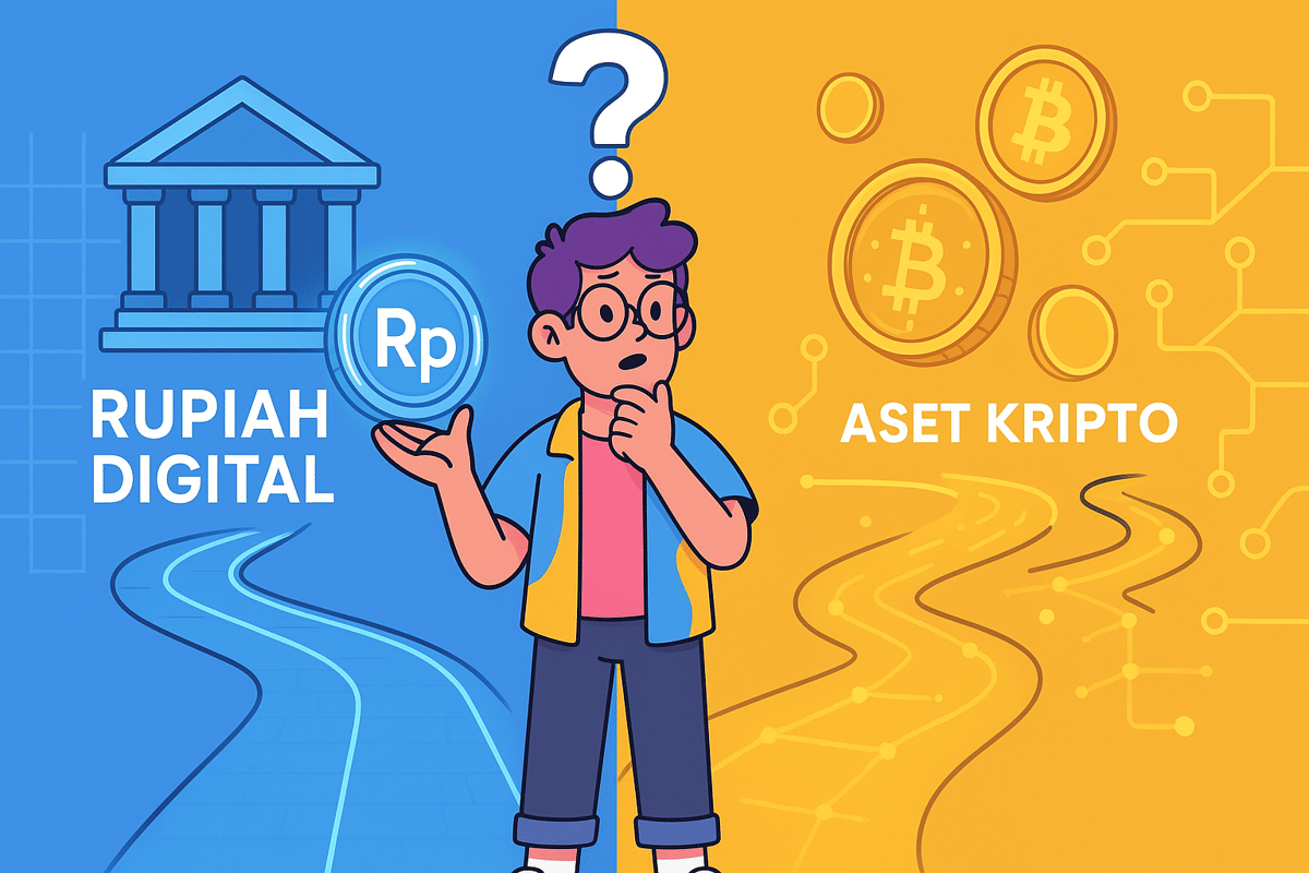 Ilustrasi 2D seorang pemuda Gen Z bingung memilih antara Rupiah Digital dan Aset Kripto.
