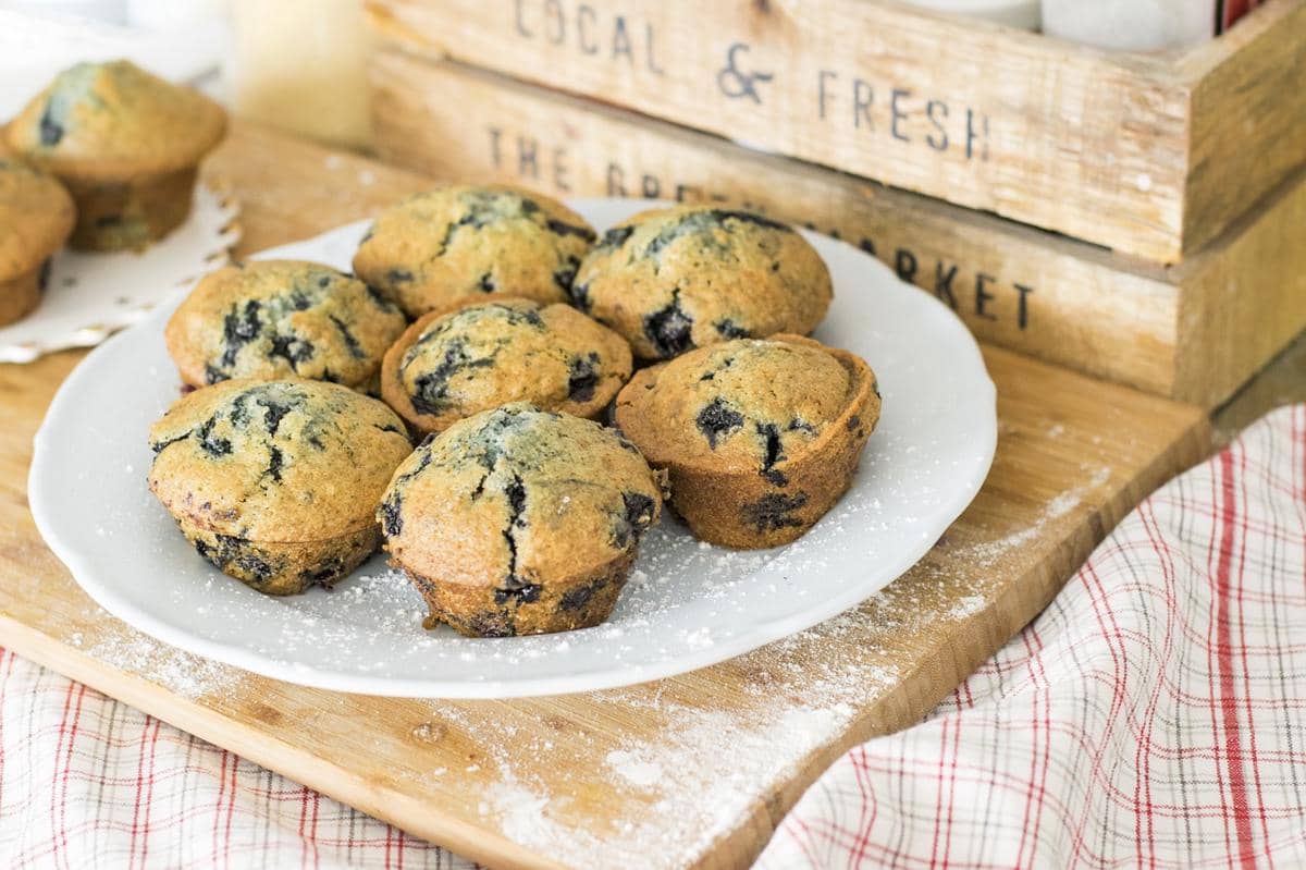 Beberapa muffin blueberry berwarna keemasan tersaji di atas piring putih di atas papan kayu dengan taburan gula halus.