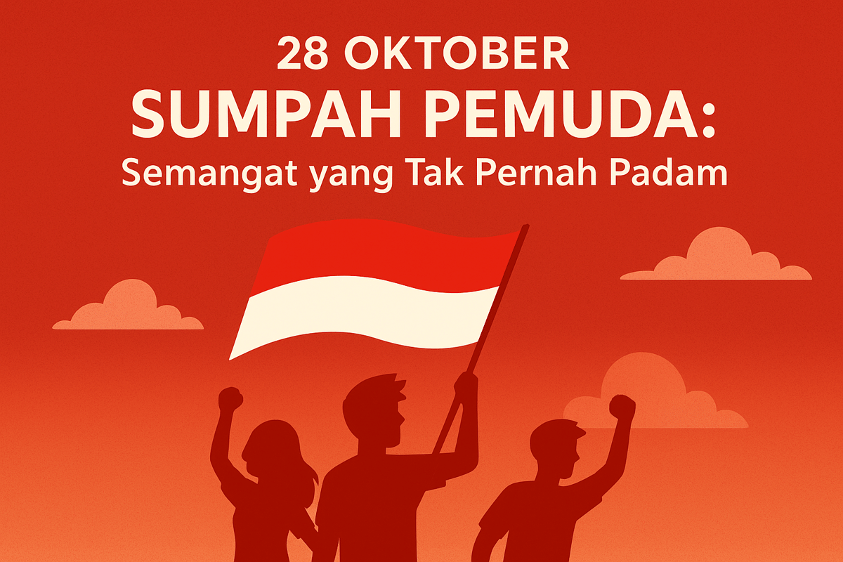 Ilustrasi digital bertema Hari Sumpah Pemuda 28 Oktober, menampilkan siluet pemuda mengibarkan bendera merah putih dengan latar modern