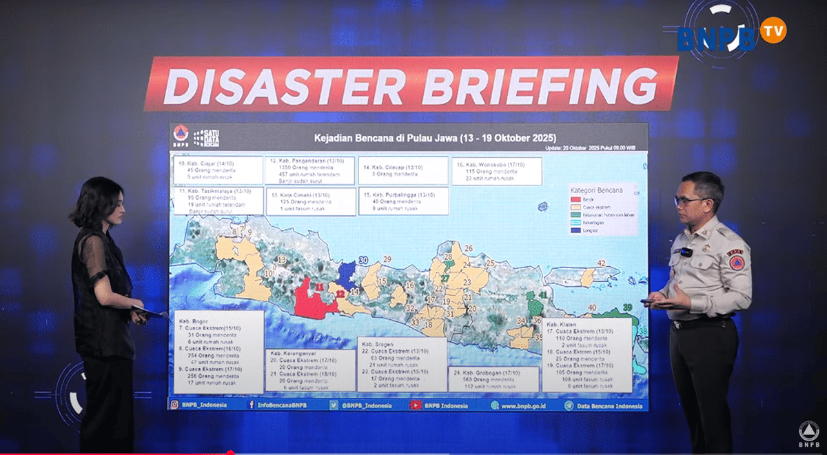 Kepala Pusat Data, Informasi dan Komunikasi Abdul Muhari dalam siaran langsung Disaster Briefing di kanal YouTube BNPB, Senin (20/10/2025). (Dok. Youtube.com/BNPB Indonesia)