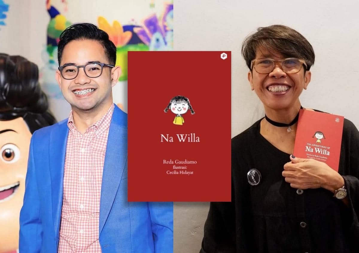 kolase potret Ryan Adriandhy dan Reda Gaudiamo dengan kover buku Na Willa