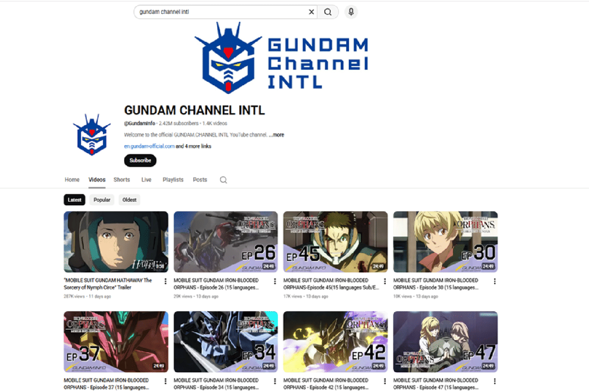 tampilan kanal GUNDAM CHANNEL INTL
