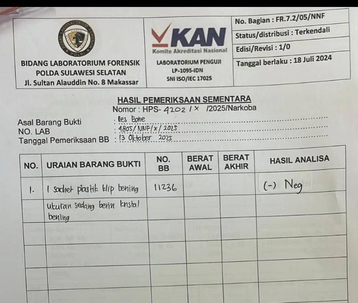 Bukti pemeriksaan kristal bening diduga sabu-sabu di Bone/Istimewa