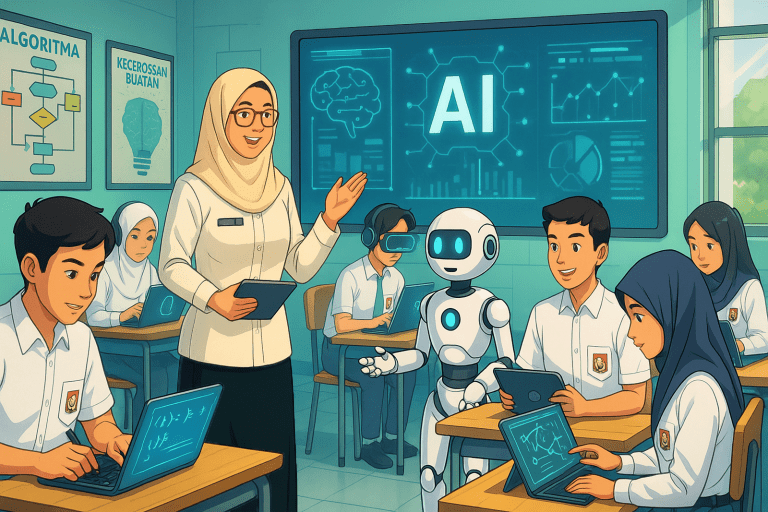 ilustrasi murid sma smk fase f kelas 11 dan 12 sedang mengerjakan 10 proyek koding dan ai sederhana