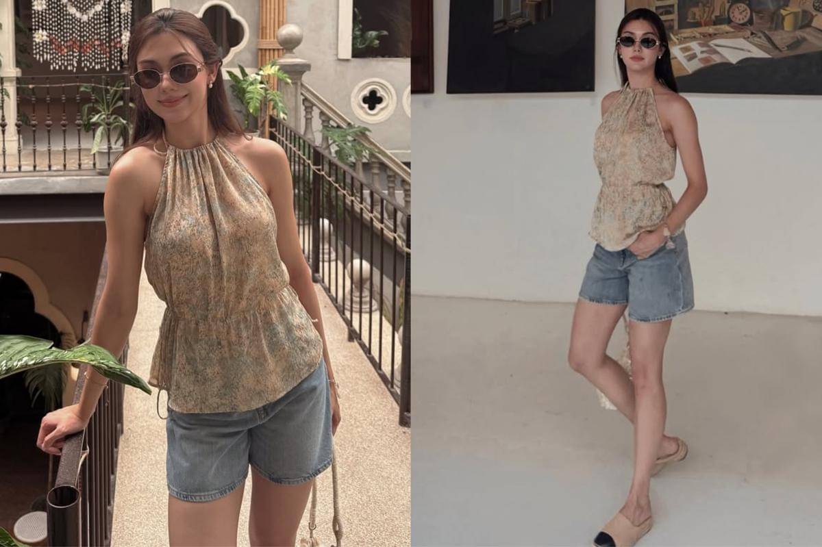 potret ide OOTD kasual pakai halter neck top dan mini pants ala Lorena Schuett