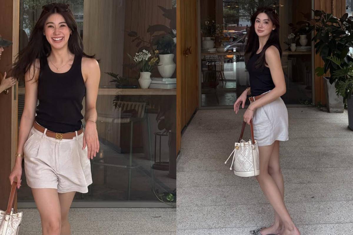 potret ide OOTD kasual pakai tank top hitam dan mini pants ala Lorena Schuett