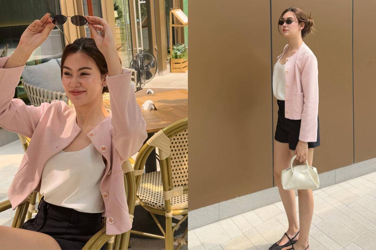 potret ide OOTD kasual pakai blazer dan mini pants ala Lorena Schuett
