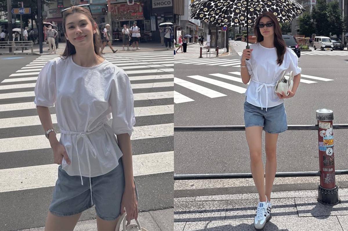 potret ide OOTD kasual pakai blouse putih dan mini pants ala Lorena Schuett