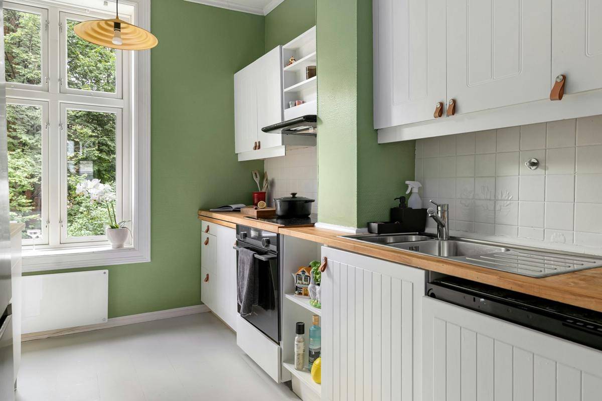 ilustrasi interior dapur dengan warna olive green
