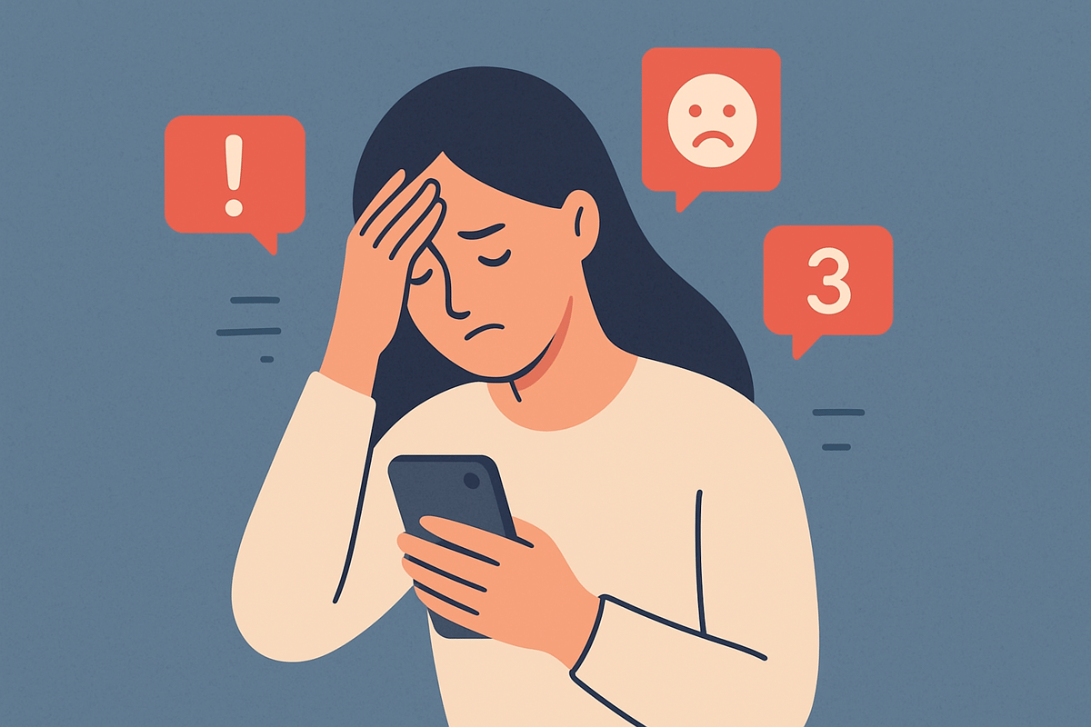 Ilustrasi seseorang merasa cemas saat menggunakan media sosial.