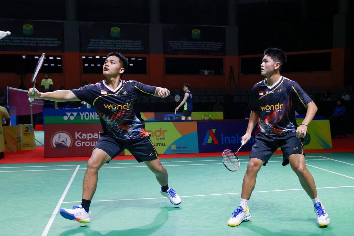 Dexter Farrell/Wahyu Agung Prasetyo saat beraksi di Indonesia Masters 2025 di GOR PBSI Sumut, Rabu (22/10/2025) (dok.PBSI)