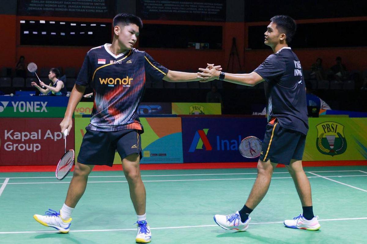 Dexter Farrell/Wahyu Agung Prasetyo saat beraksi di Indonesia Masters 2025 di GOR PBSI Sumut, Rabu (22/10/2025) (dok.PBSI)