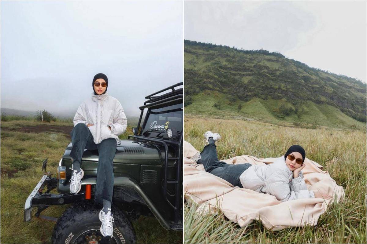 Dara Arafah santai di padang savana Gunung Bromo