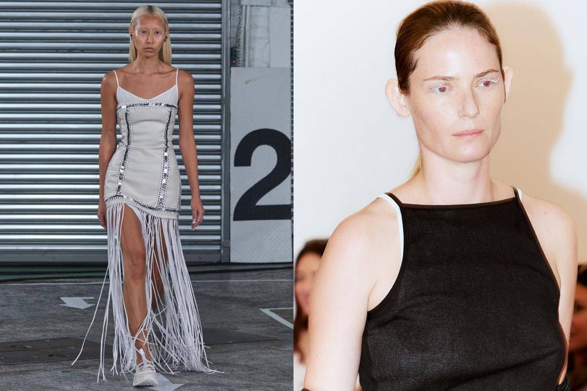 Potret model membawakan koleksi Jane Wade (kiri) dan Eckhaus Latta (kanan) dalam gelaran New York Fashion Week S/S 2026.