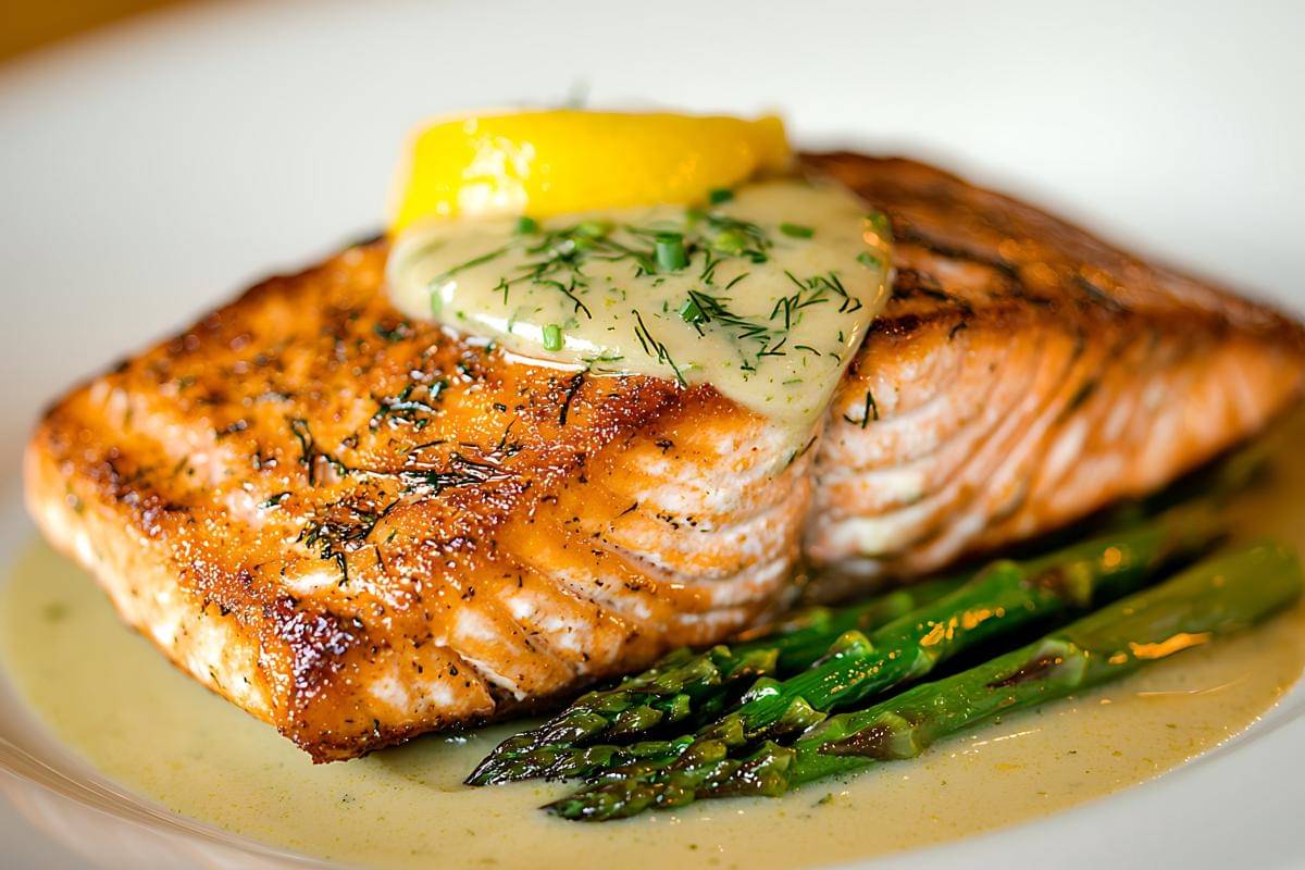 ilustrasi salmon panggang saus lemon butter