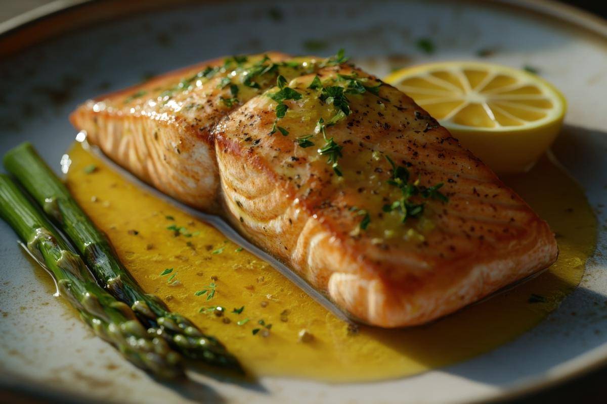 ilustrasi salmon panggang saus lemon butter