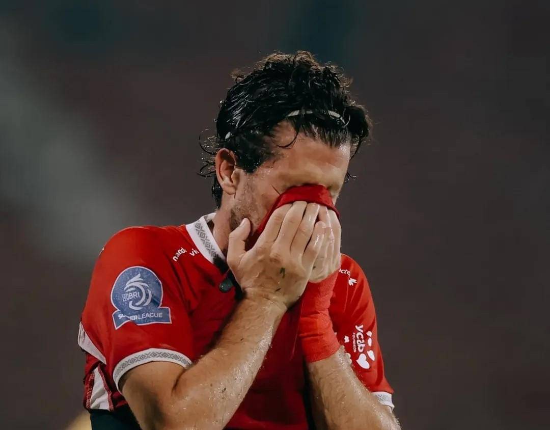 Ekspresi Jordy Bruijn usai menghadapi Persita Tangerang.