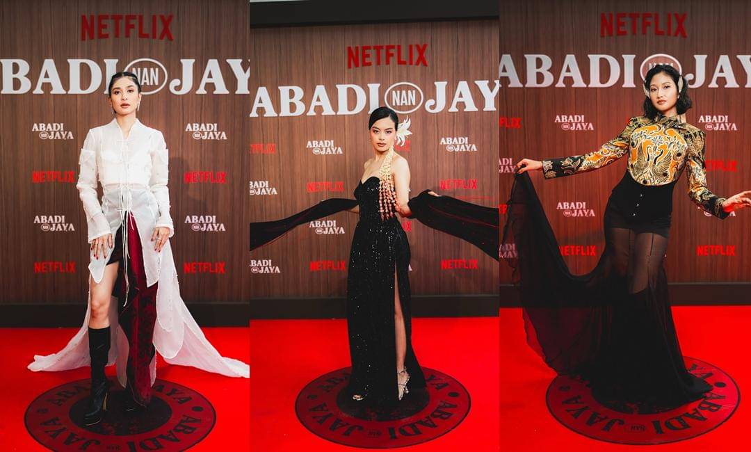 Mikha Tambayong, Eva Celia, dan Claresta Taufan di premiere film Abadi Nan Jaya. (Instagram.com/netflixid)