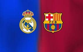 Logo Real Madrid dan FC Barcelona berdampingan pada latar biru-merah sebagai ilustrasi jelang El Clásico.