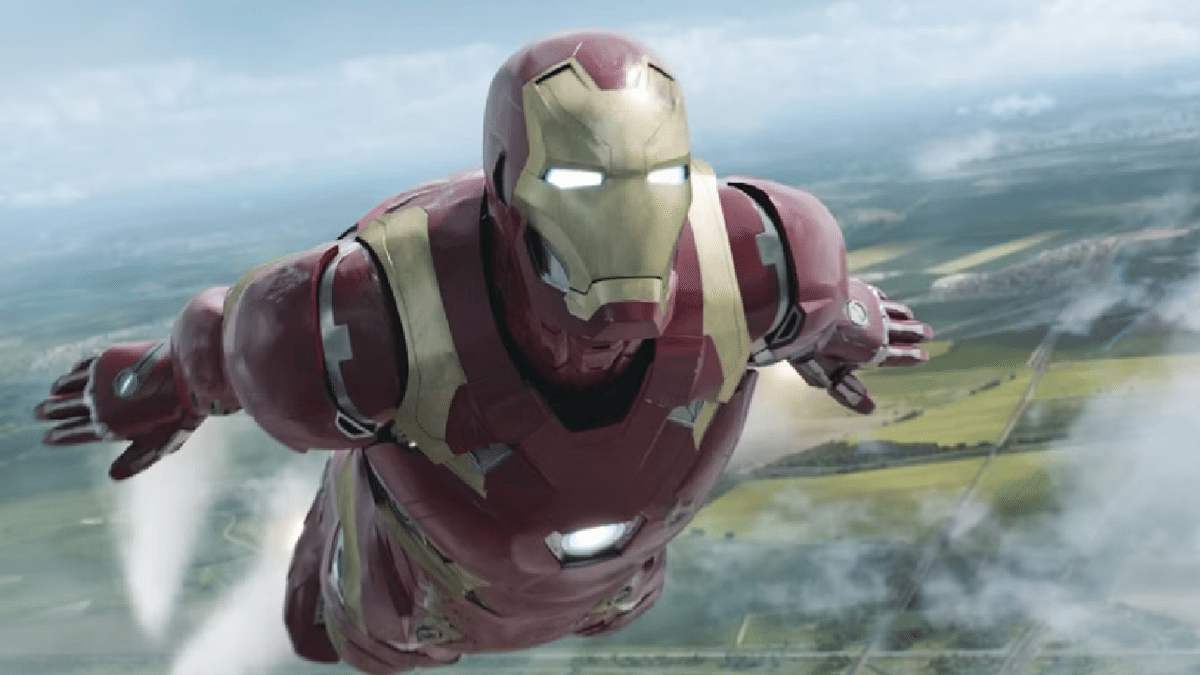 Iron Man terbang dengan kecepatan tinggi.