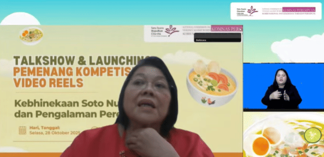Ketua ANBTI Nia Sjarifudi saat talkshow “Kebhinnekaan Soto Nusantara dan Pengalaman Perempuan, Selasa (28/10/2025) (Youtube/Komnas Perempuan)