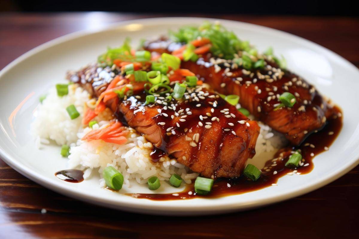 ilustrasi salmon teriyaki butter rice